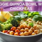 VEGGIE QUINOA BOWL WITH CHICKPEAS vibrant plated bowl with roasted chickpeas and vegetables