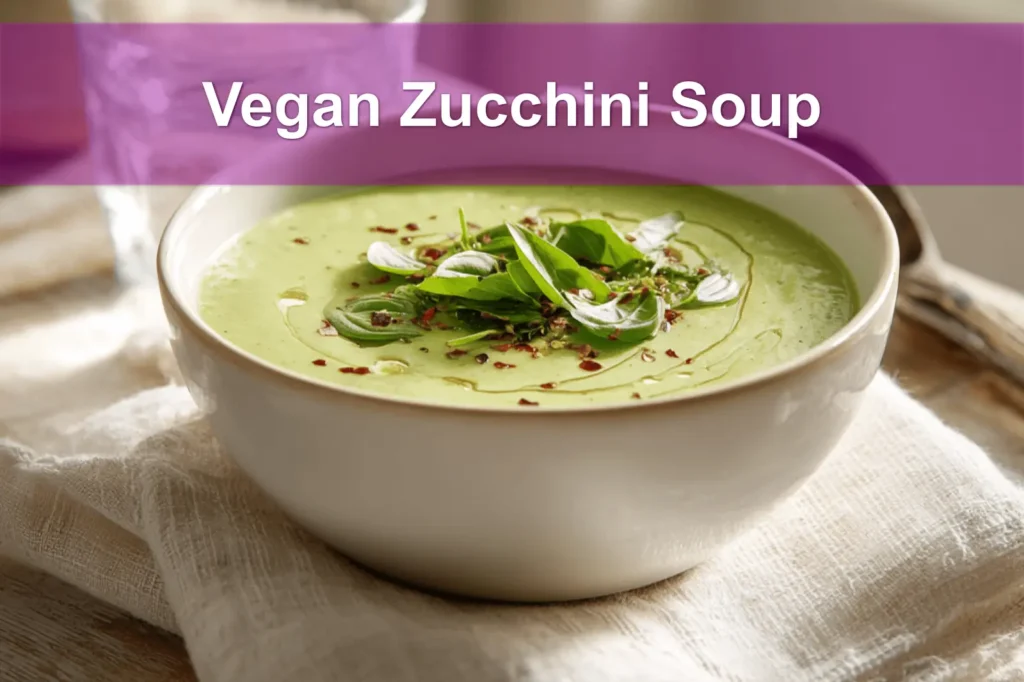 Vegan Zucchini Soup in white bowl with basil garnish olive oil drizzle cozy natural lighting