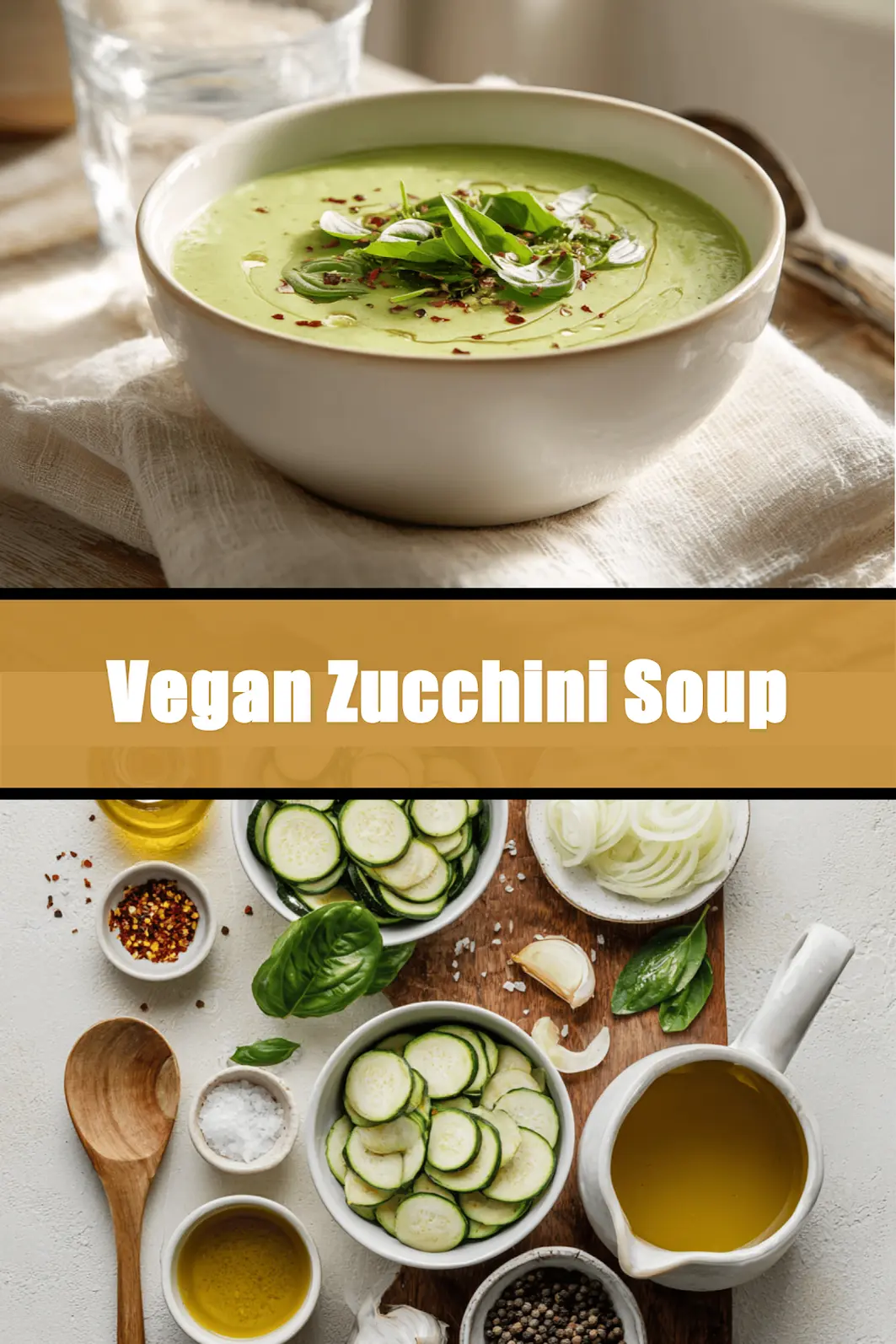 Vegan Zucchini Soup in white bowl with basil garnish olive oil drizzle cozy natural lighting_pin