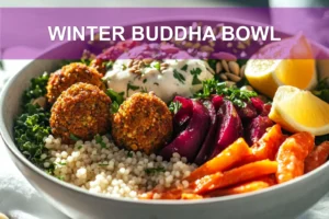 Winter Buddha Bowl: Easy and Irresistible Recipe WINTER BUDDHA BOWL with golden falafel pearl couscous beet kale and creamy tahini sauce