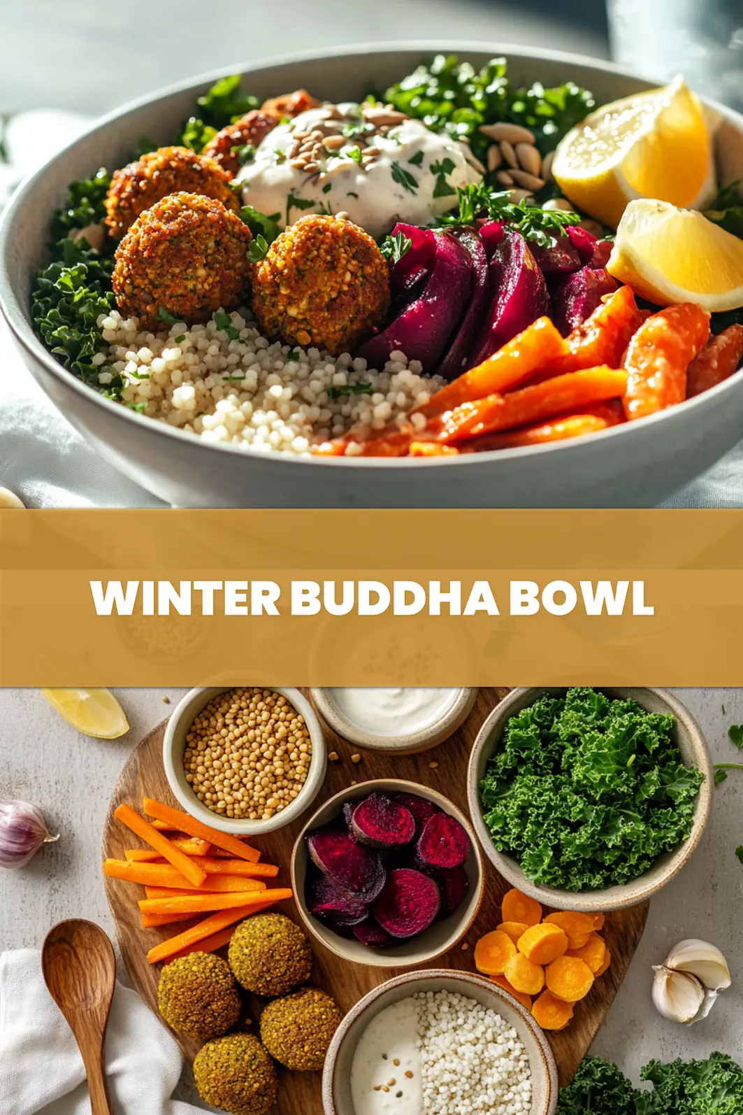 Winter Buddha Bowl: Easy and Irresistible Recipe 6 WINTER BUDDHA BOWL with golden falafel pearl couscous beet kale and creamy tahini sauce_pin