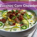 Zucchini Corn Chowder in white bowl with bacon and fresh herbs on napkin
