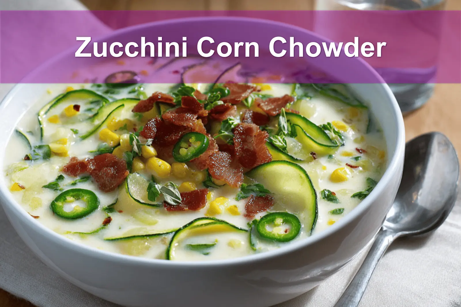 Zucchini Corn Chowder in white bowl with bacon and fresh herbs on napkin