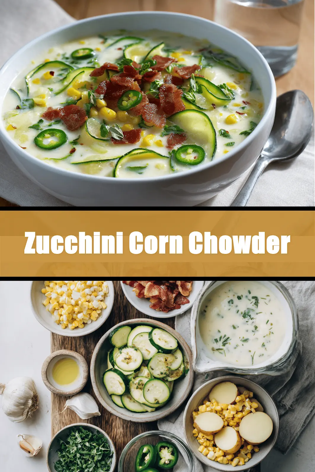 Zucchini Corn Chowder in white bowl with bacon and fresh herbs on napkin_pin