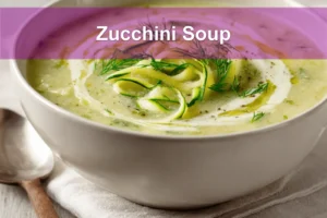 Zucchini Soup garnished with dill in white bowl on cloth beside clear water glass