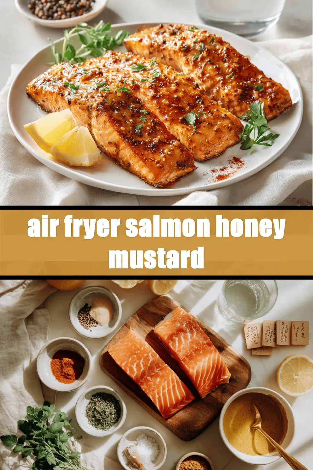 air fryer salmon honey mustard plated with lemon wedge and fresh herbs on white napkin_pin