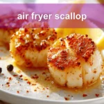 Air fryer scallop plated with lemon wedge, butter glaze, paprika and coarse salt flakes