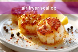 Air fryer scallop plated with lemon wedge, butter glaze, paprika and coarse salt flakes