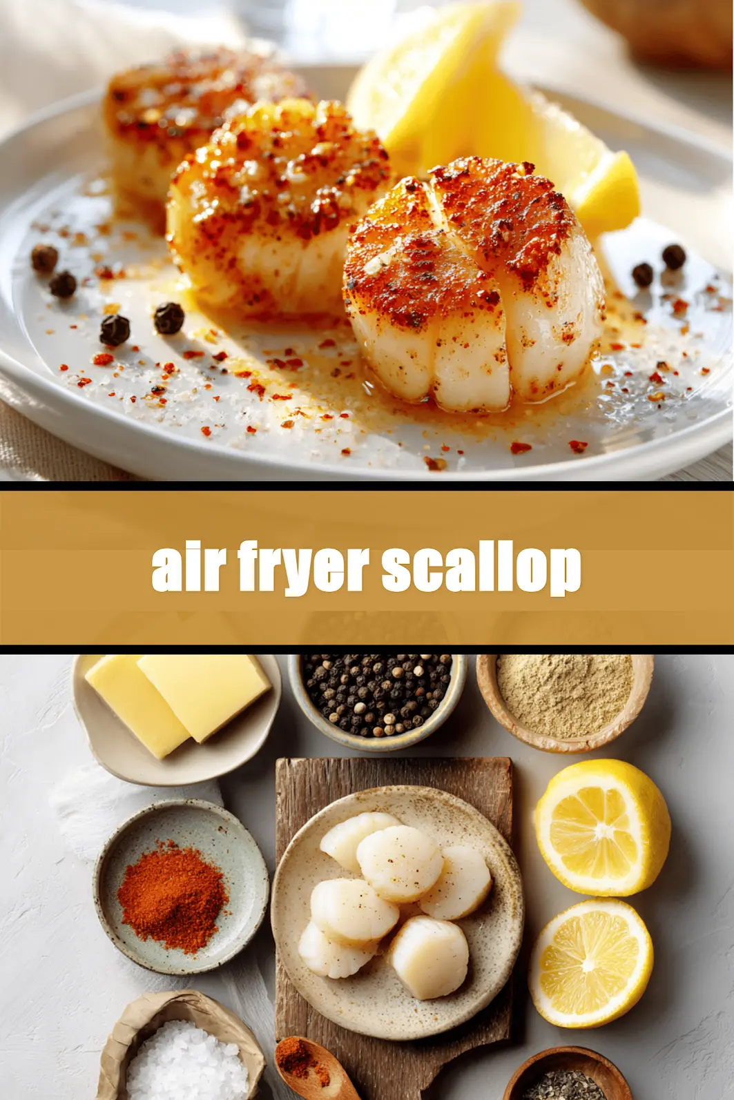 Air fryer scallop plated with lemon wedge, butter glaze, paprika and coarse salt flakes_pin