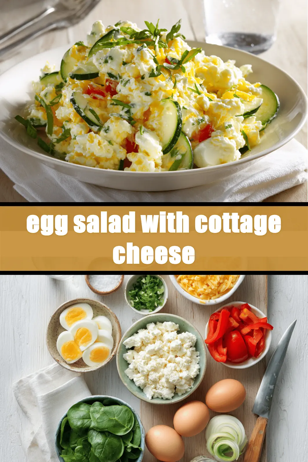 Egg salad with cottage cheese on white napkin, vibrant peppers and herbs, water glass_pin