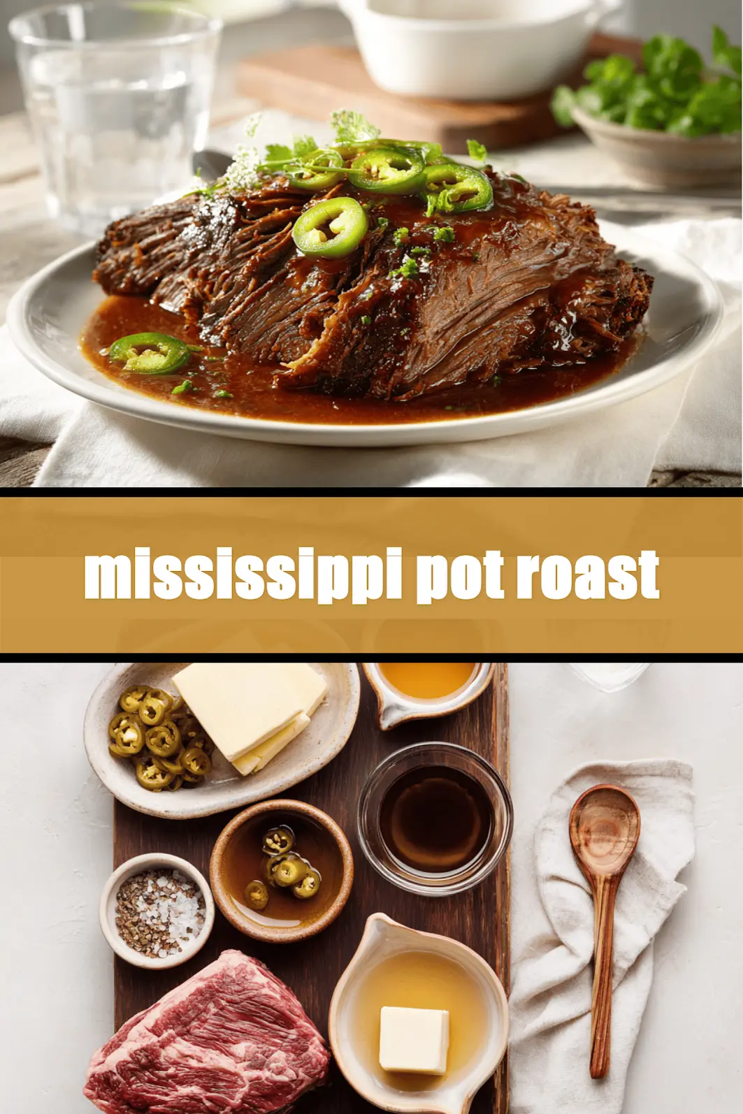 mississippi pot roast on white napkin with buttery glaze and clear glass of water_pin