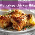 skillet crispy chicken thighs golden crisp skin lemon thyme on white napkin