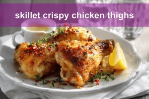 skillet crispy chicken thighs golden crisp skin lemon thyme on white napkin