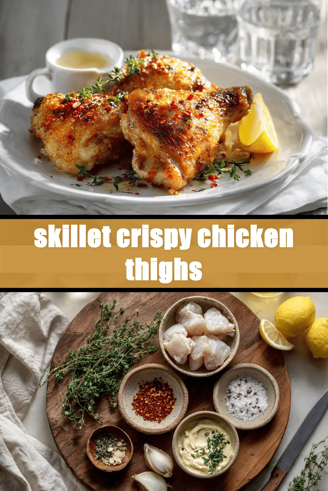 skillet crispy chicken thighs golden crisp skin lemon thyme on white napkin_pin