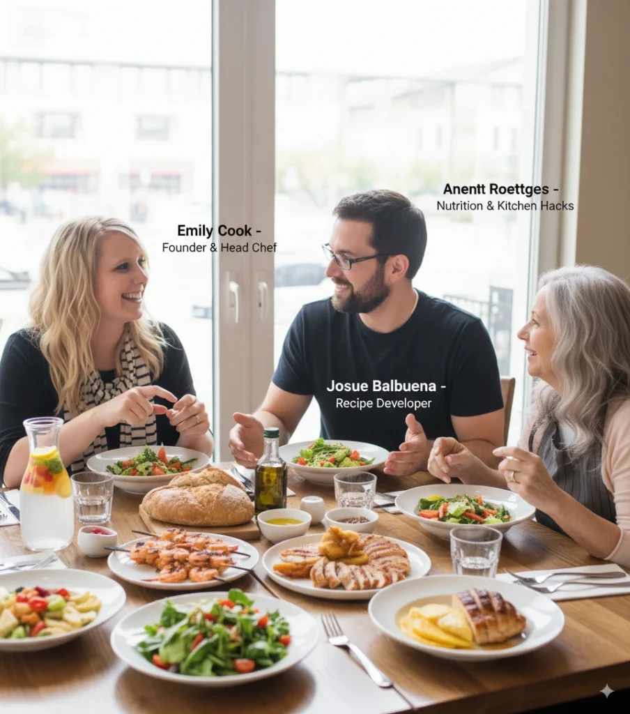 About Us – The Cookzya Story 5 Emily Cook, Josue Balbuena, and Anett Roettges sharing a meal at a restaurant while discussing recipes and projects