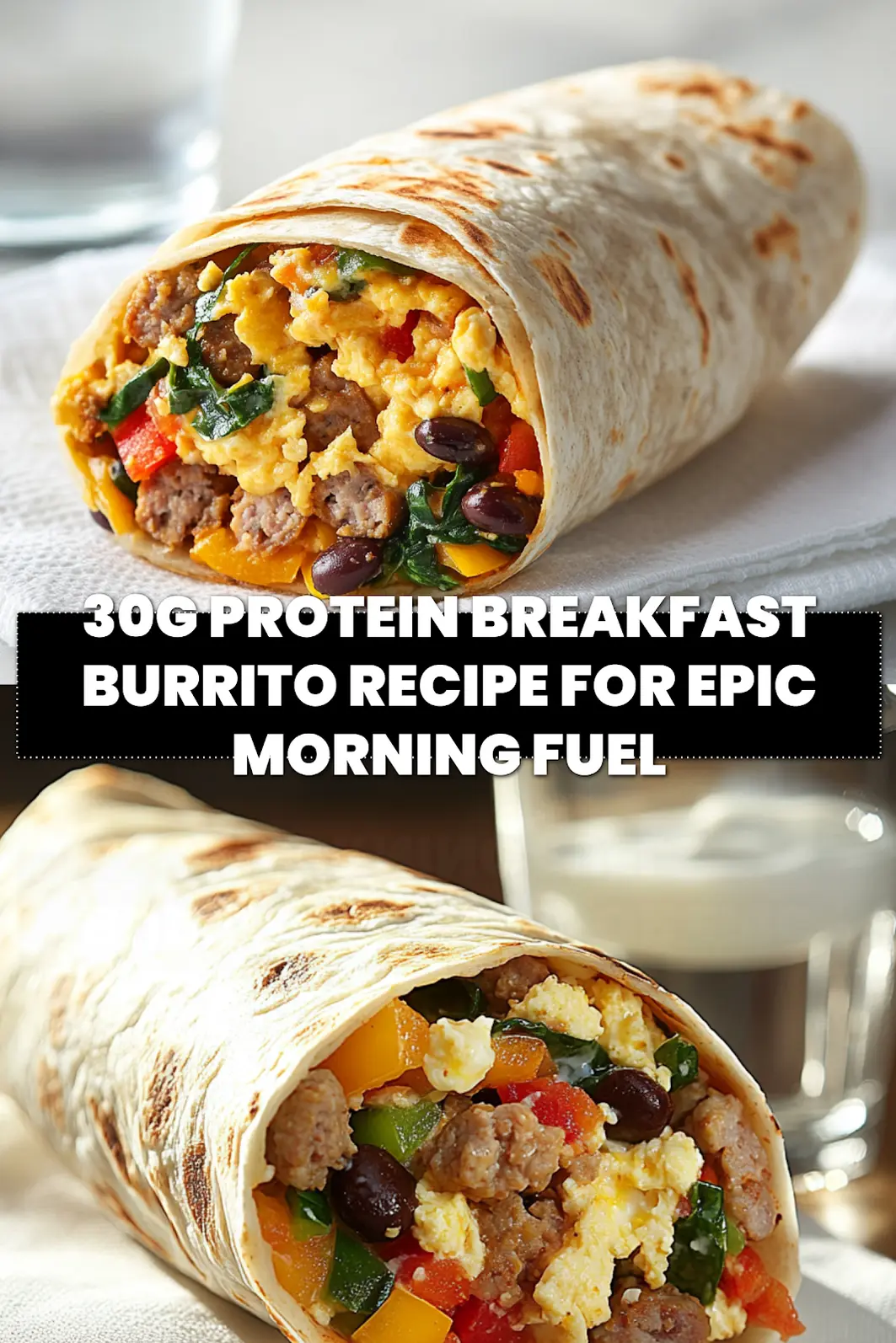 30G PROTEIN BREAKFAST BURRITO RECIPE FOR EPIC MORNING FUEL scrambled egg turkey sausage cheddar burrito_pin