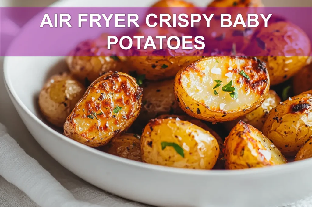 AIR FRYER CRISPY BABY POTATOES golden crispy baby potatoes plated with herbs and sea salt flakes