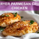 AIR FRYER PARMESAN CRUSTED CHICKEN golden crust served on white napkin with clear water glass
