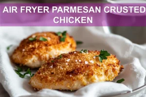 Air Fryer Parmesan Crusted Chicken: Quick and Irresistible Dinner AIR FRYER PARMESAN CRUSTED CHICKEN golden crust served on white napkin with clear water glass
