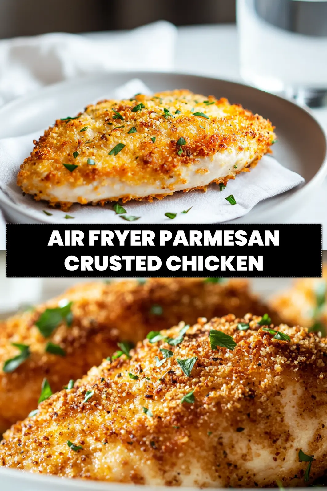 Air Fryer Parmesan Crusted Chicken: Quick and Irresistible Dinner 6 AIR FRYER PARMESAN CRUSTED CHICKEN golden crust served on white napkin with clear water glass_pin