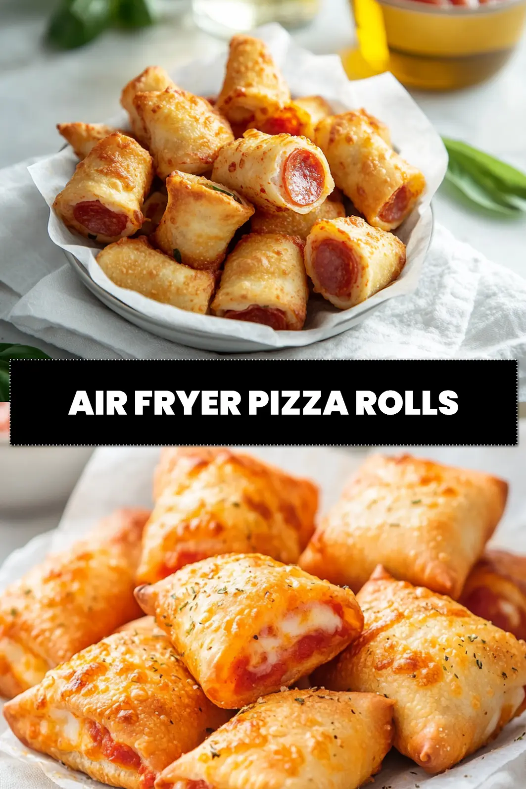 Air Fryer Pizza Rolls: Easy and Tempting Snacks Anytime 6 AIR FRYER PIZZA ROLLS close up on white napkin with glass of water and herbs_pin