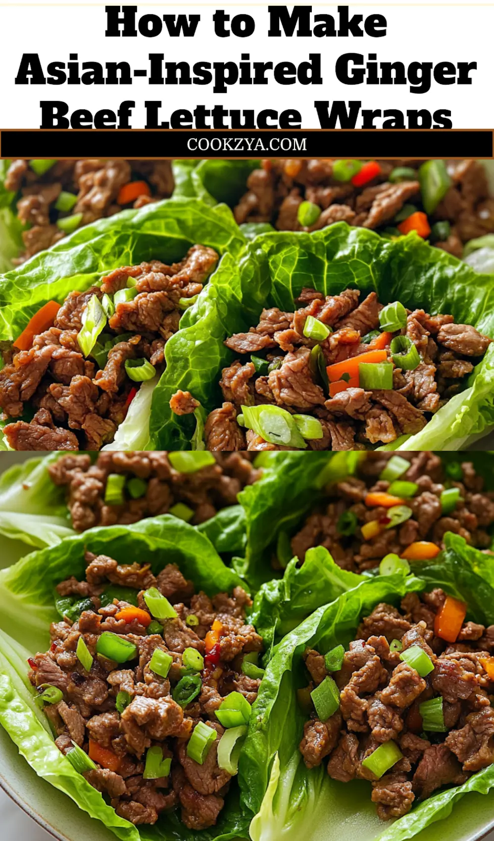 ASIAN INSPIRED GINGER BEEF LETTUCE WRAPS centered hero view, clean and uncluttered_pin