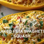 BAKED FETA SPAGHETTI SQUASH centered hero view, clean and uncluttered
