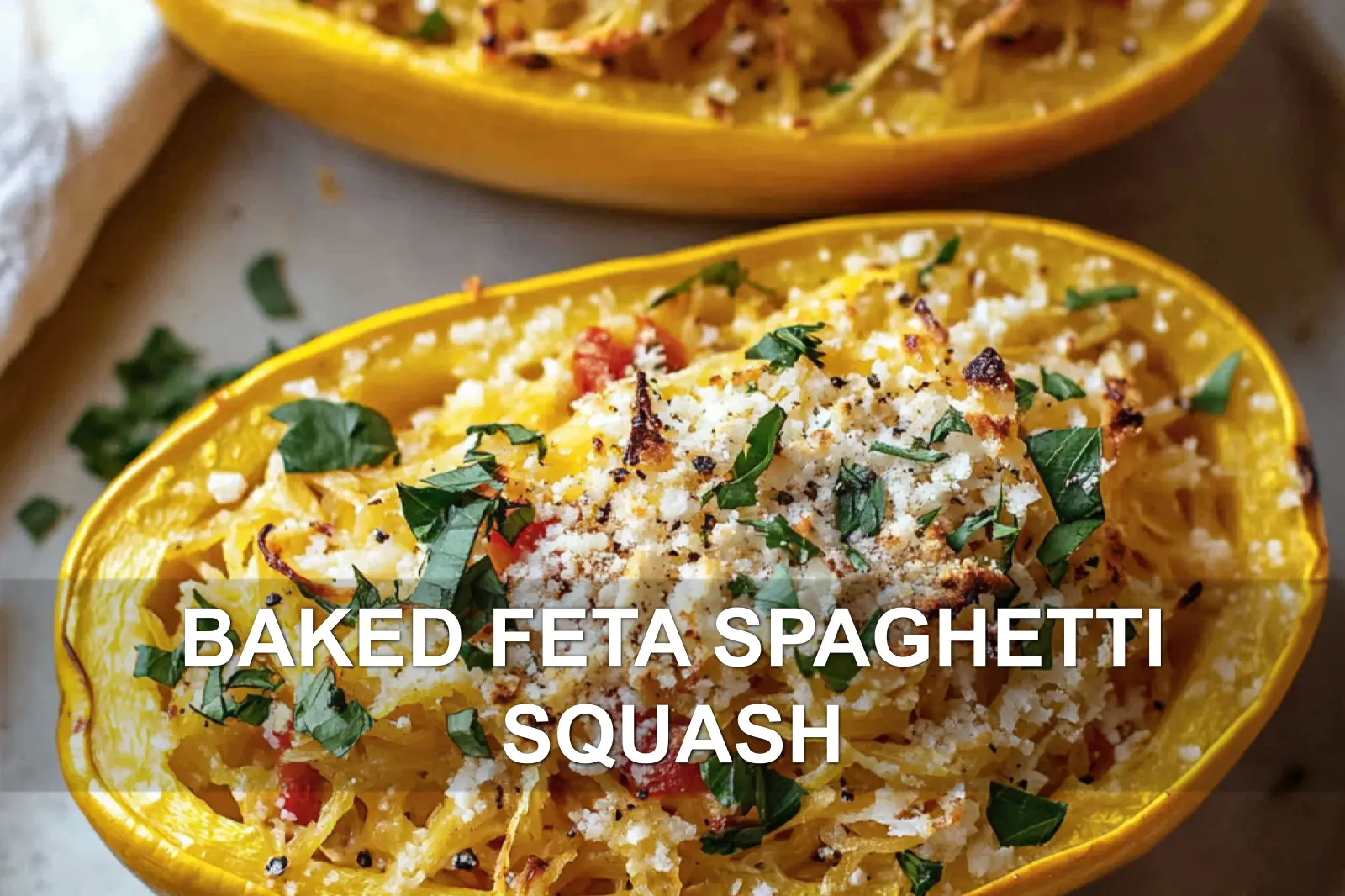 BAKED FETA SPAGHETTI SQUASH centered hero view, clean and uncluttered