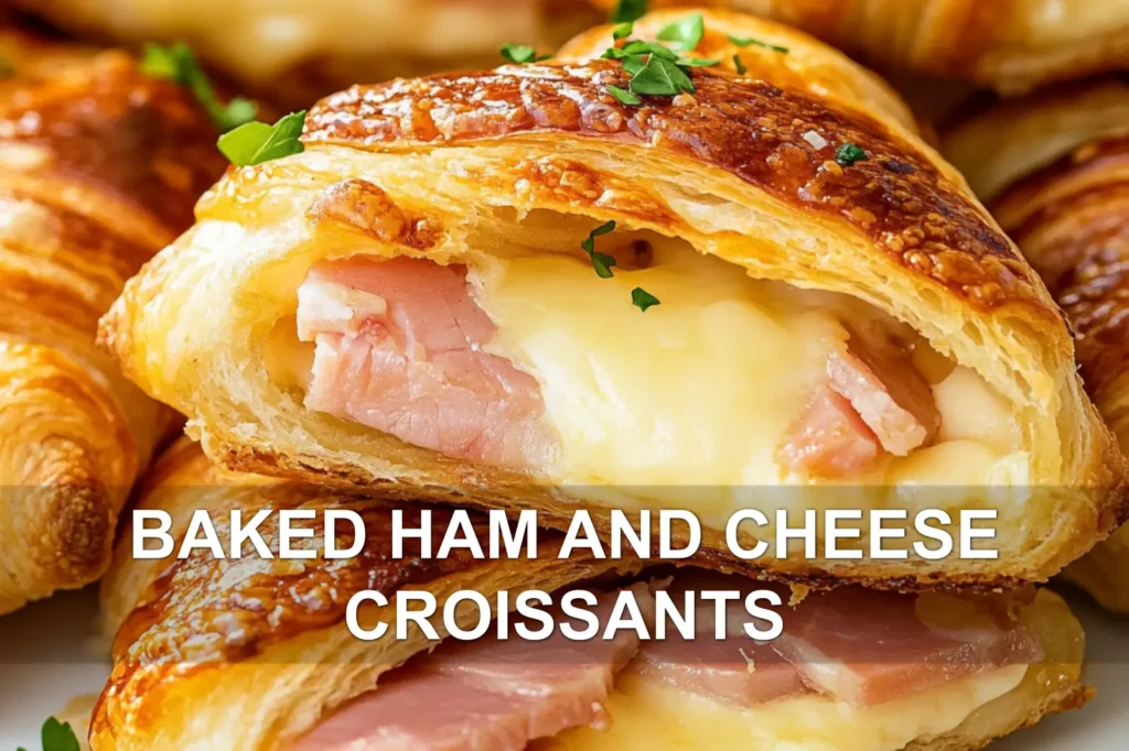 BAKED HAM AND CHEESE CROISSANTS centered hero view, clean and uncluttered