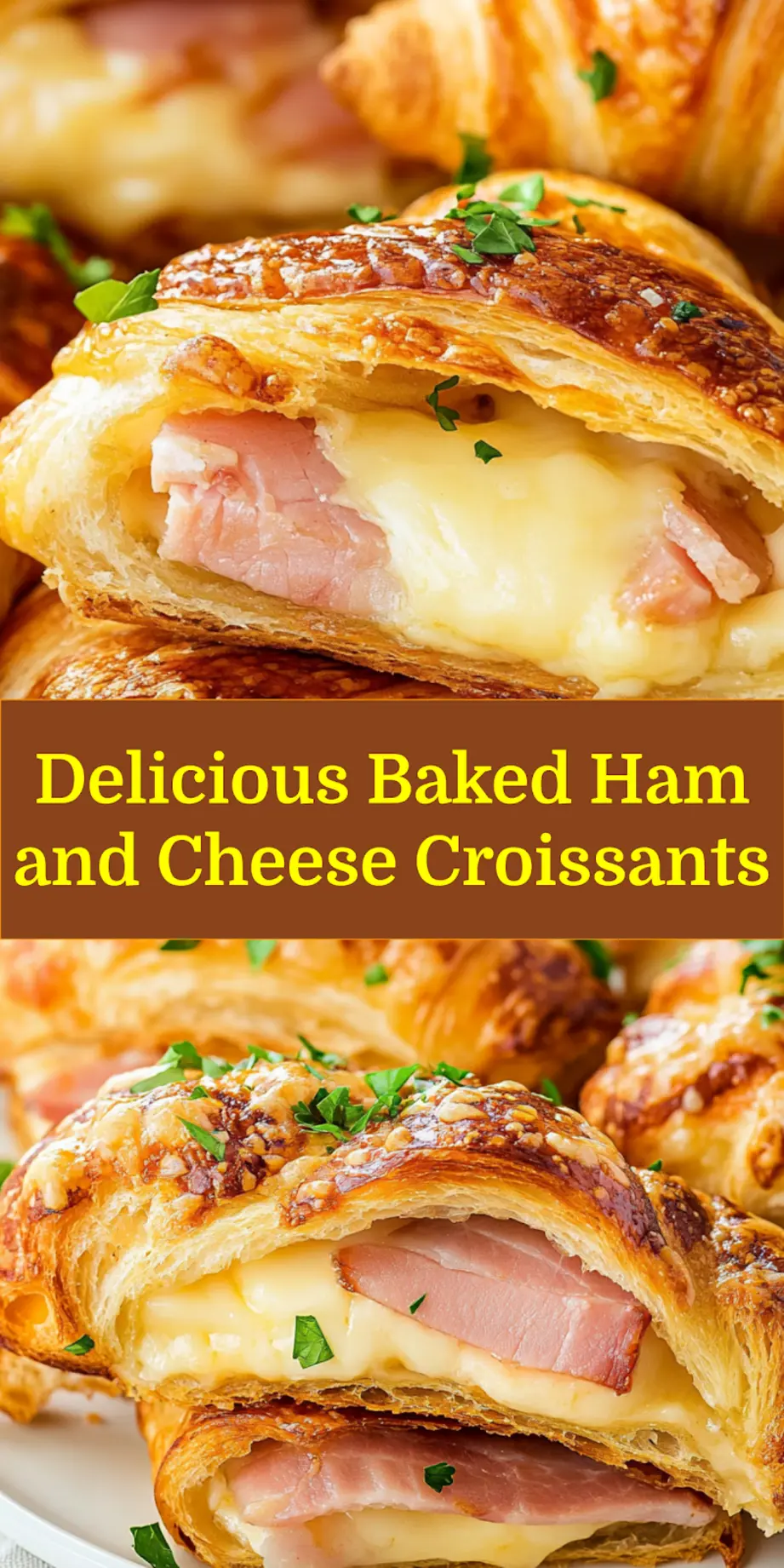 Baked Ham and Cheese Croissants: Irresistibly Simple Recipe 6 BAKED HAM AND CHEESE CROISSANTS centered hero view, clean and uncluttered_pin