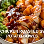 BBQ CHICKEN ROASTED SWEET POTATO BOWLS centered hero view, clean and uncluttered