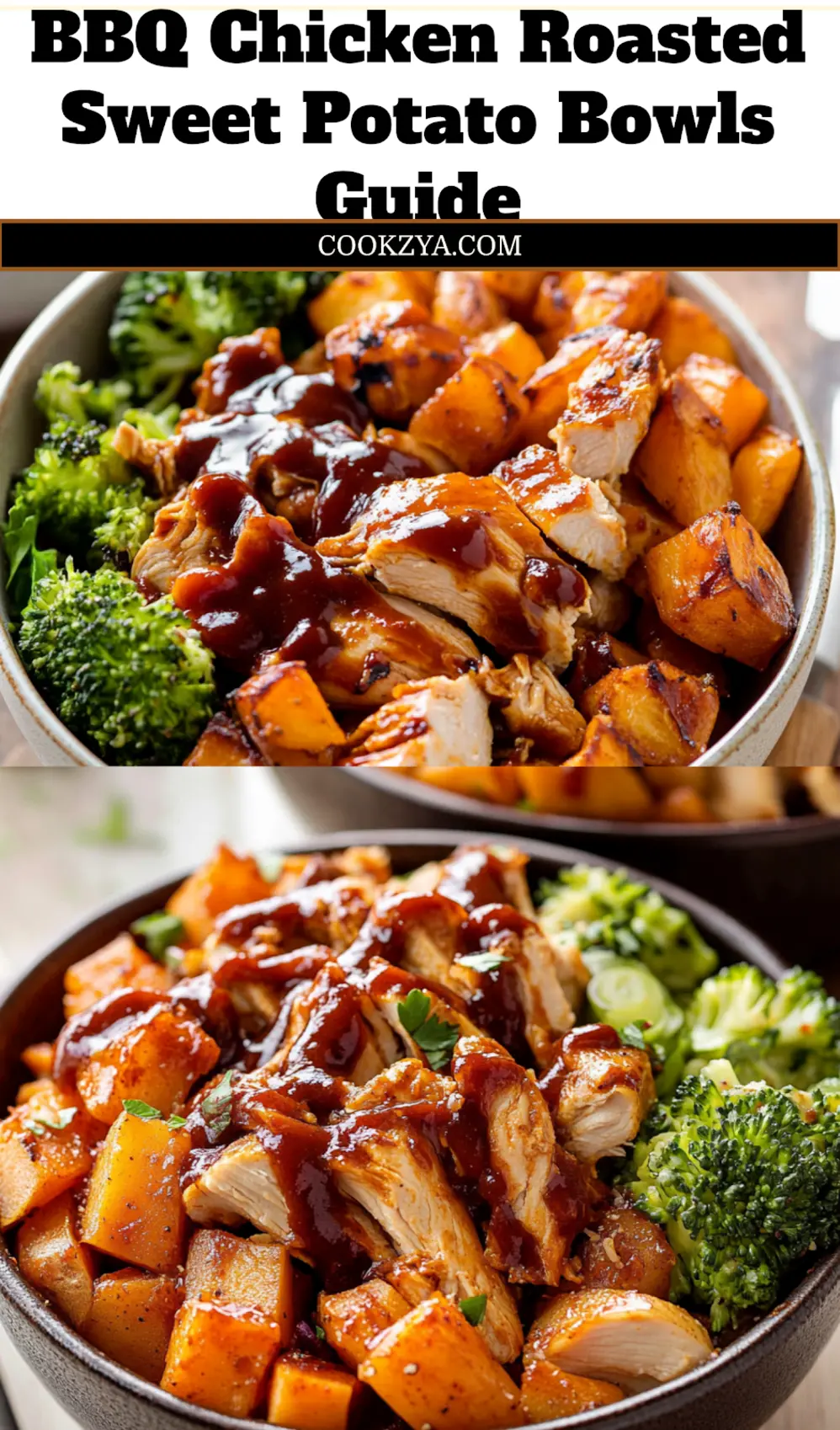 BBQ Chicken Roasted Sweet Potato Bowls: Easy and Delicious 6 BBQ CHICKEN ROASTED SWEET POTATO BOWLS centered hero view, clean and uncluttered_pin