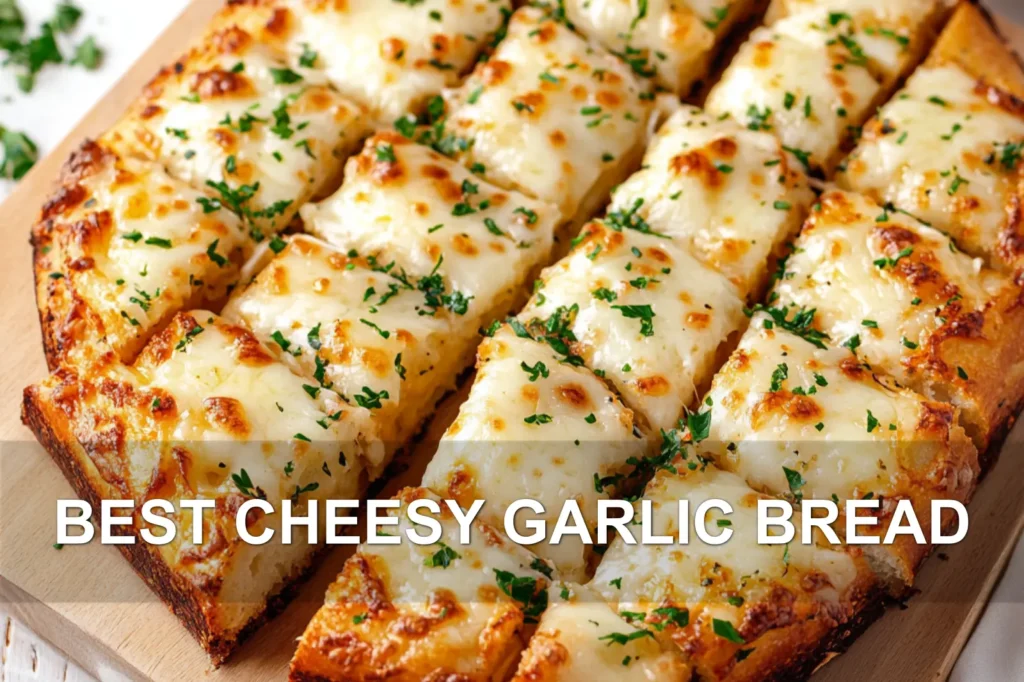 BEST CHEESY GARLIC BREAD centered hero view, clean and uncluttered
