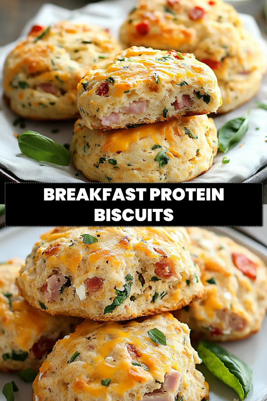 Breakfast Protein Biscuits: Easy and Tantalizing Recipe 6 BREAKFAST PROTEIN BISCUITS warm cheddar feta ham sausage spinach chives basil_pin
