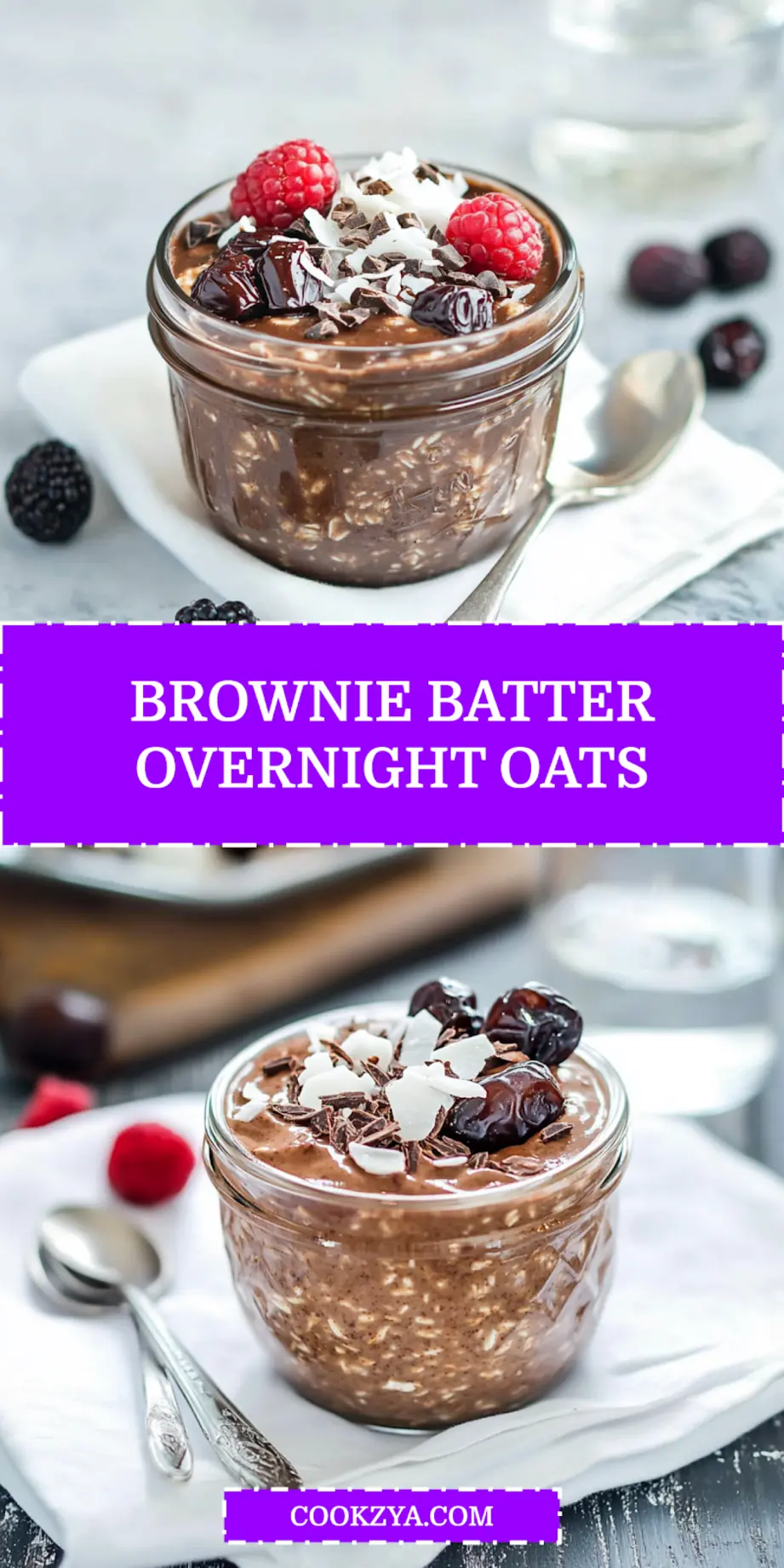 BROWNIE BATTER OVERNIGHT OATS creamy chocolate oats topped with berries dates dark chocolate and coconut flakes_pin