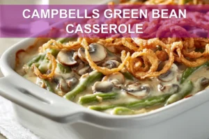 CAMPBELLS GREEN BEAN CASSEROLE creamy mushroom green beans topped with crispy fried onions in warm light