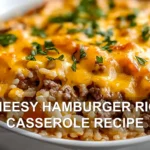 CHEESY HAMBURGER RICE CASSEROLE RECIPE centered hero view, clean and uncluttered
