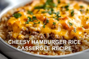 CHEESY HAMBURGER RICE CASSEROLE RECIPE centered hero view, clean and uncluttered