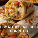 CHEESY ROTISSERIE CHICKEN BURRITOS centered hero view, clean and uncluttered