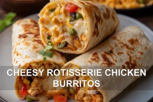 Cheesy Rotisserie Chicken Burritos Recipe Unveiled CHEESY ROTISSERIE CHICKEN BURRITOS centered hero view, clean and uncluttered