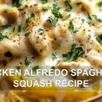 CHICKEN ALFREDO SPAGHETTI SQUASH RECIPE centered hero view, clean and uncluttered