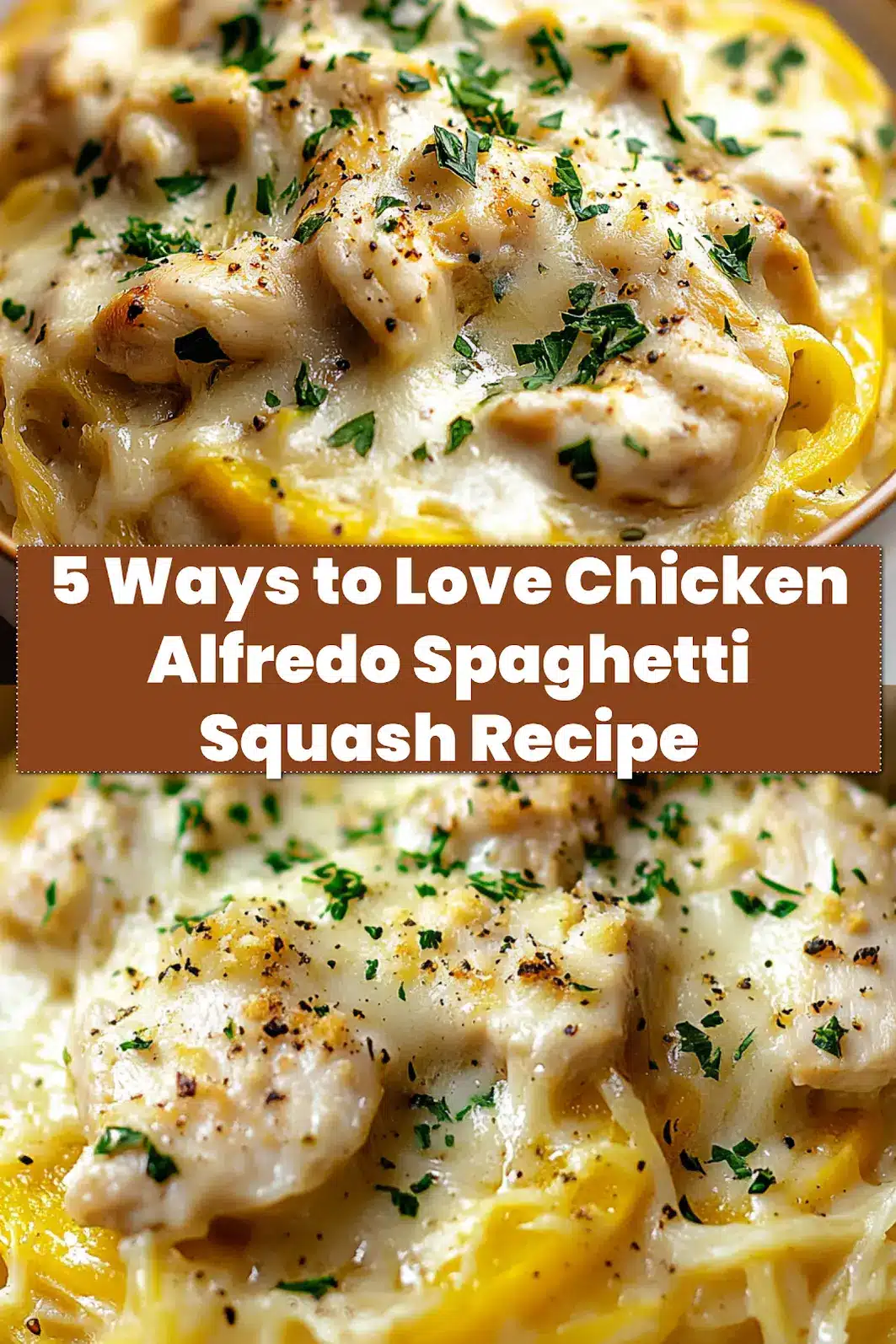 CHICKEN ALFREDO SPAGHETTI SQUASH RECIPE centered hero view, clean and uncluttered_pin