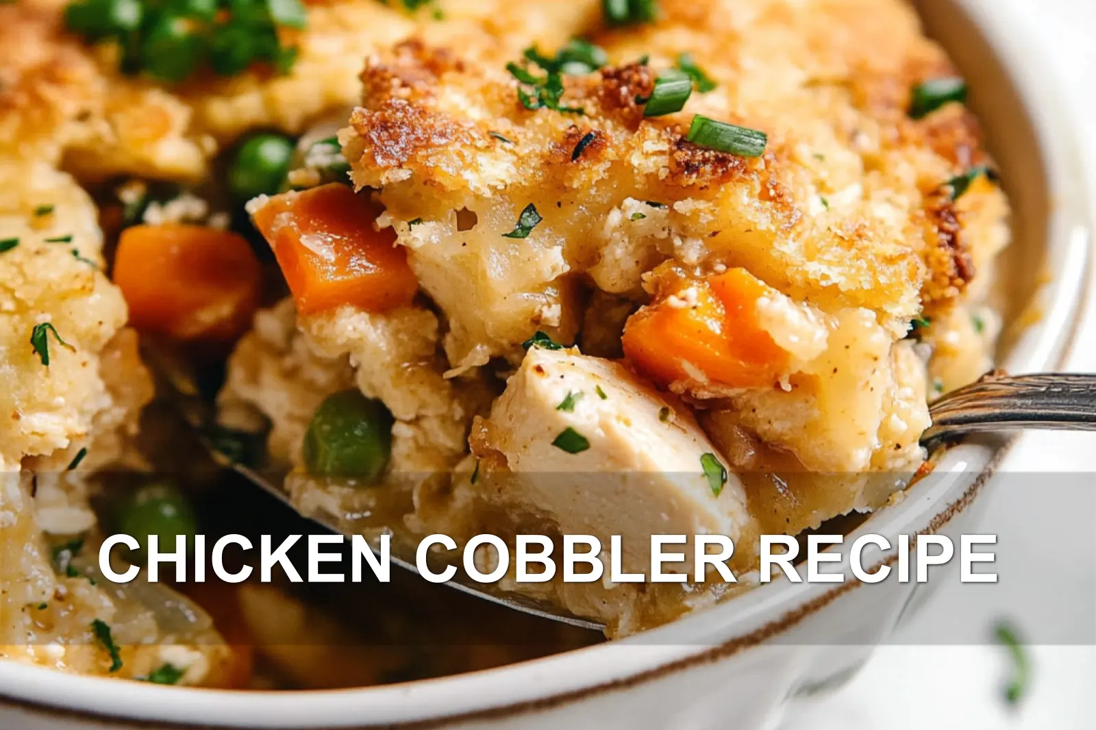 CHICKEN COBBLER RECIPE centered hero view, clean and uncluttered