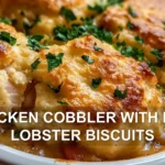 CHICKEN COBBLER WITH RED LOBSTER BISCUITS centered hero view, clean and uncluttered
