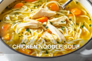 Chicken Noodle Soup Ultimate Cozy Comfort Food Recipe CHICKEN NOODLE SOUP centered hero view, clean and uncluttered
