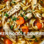CHICKEN NOODLE SOUP RECIPE centered hero view, clean and uncluttered