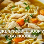 CHICKEN NOODLE SOUP WITH EGG NOODLES centered hero view, clean and uncluttered