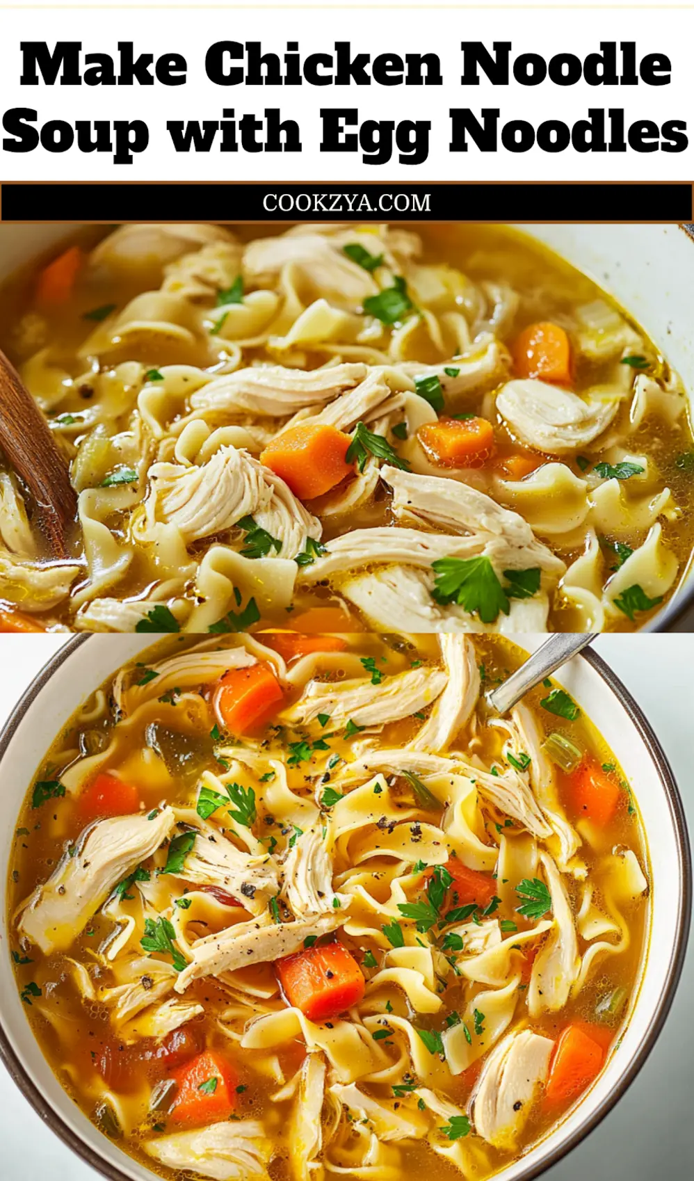 Chicken Noodle Soup with Egg Noodles: Irresistible Comfort 6 CHICKEN NOODLE SOUP WITH EGG NOODLES centered hero view, clean and uncluttered_pin