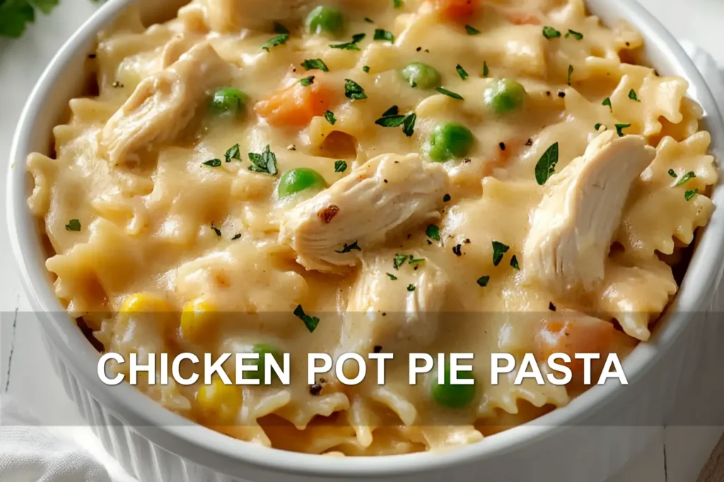 CHICKEN POT PIE PASTA centered hero view, clean and uncluttered