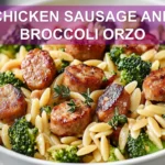 CHICKEN SAUSAGE AND BROCCOLI ORZO plated, warm natural light, white cloth, shallow depth of field